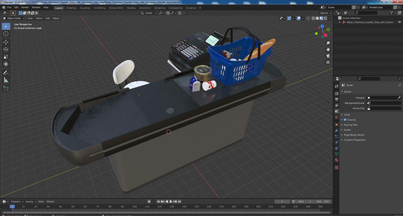 3D Retail Checkout Counter Grey with Groceries model