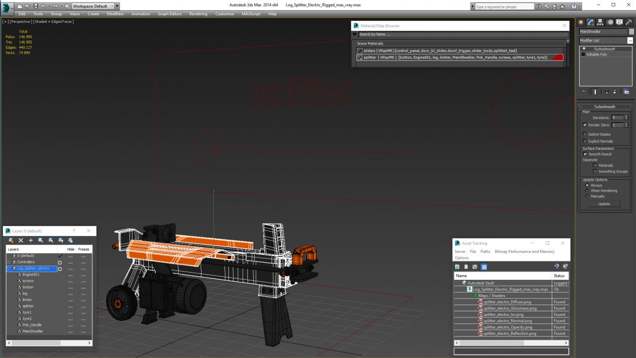 3D Log Splitter Electric Rigged model