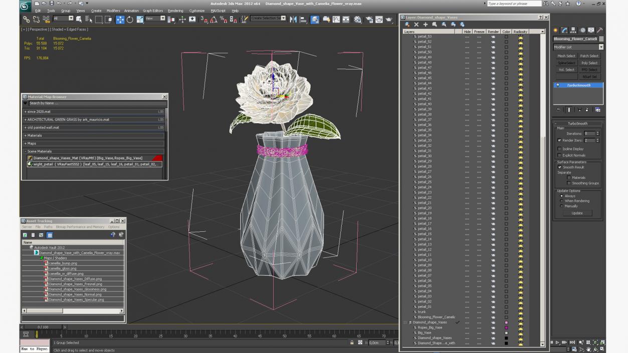 3D Diamond Shape Vase with Camelia Flower model