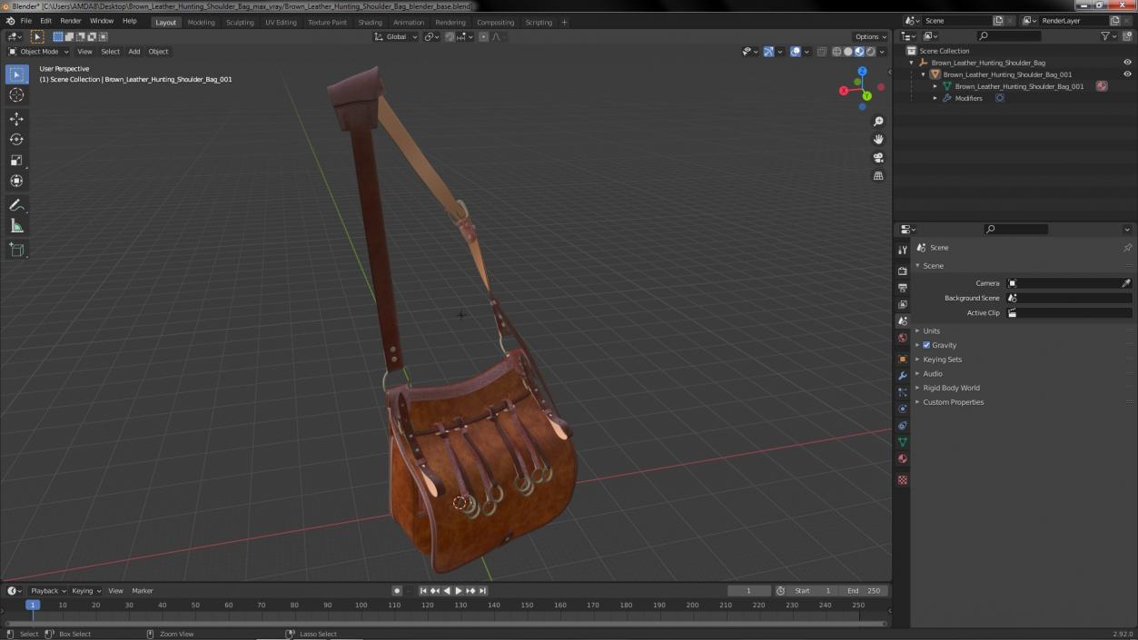 Brown Leather Hunting Shoulder Bag 3D model