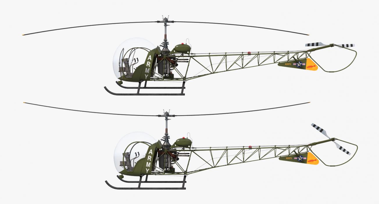 3D Light Helicopter Bell 47 Millitary Rigged