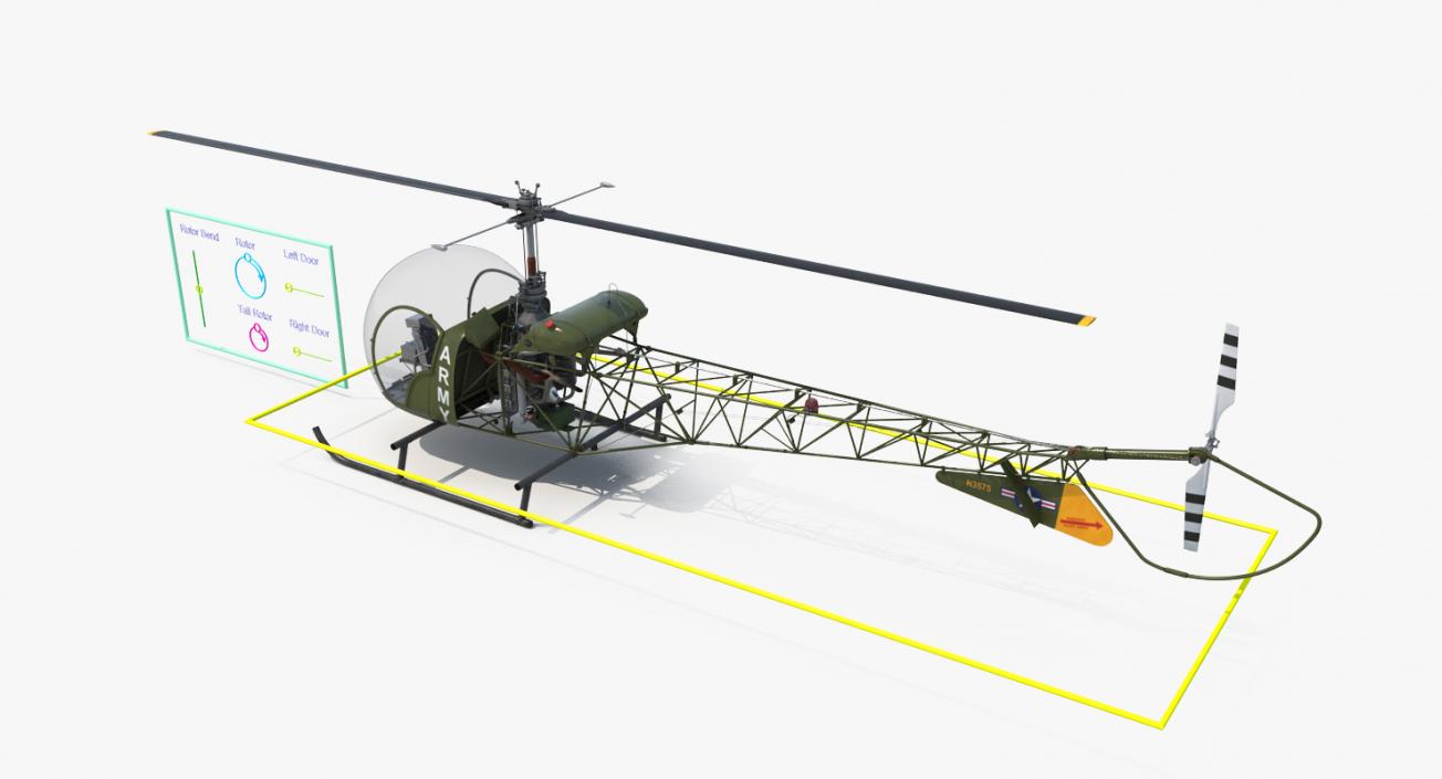 3D Light Helicopter Bell 47 Millitary Rigged