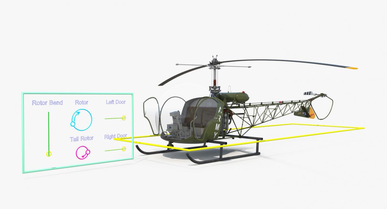 3D Light Helicopter Bell 47 Millitary Rigged