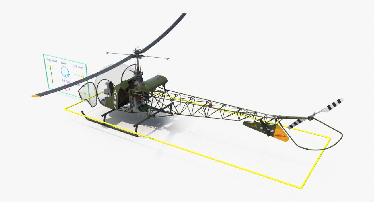 3D Light Helicopter Bell 47 Millitary Rigged