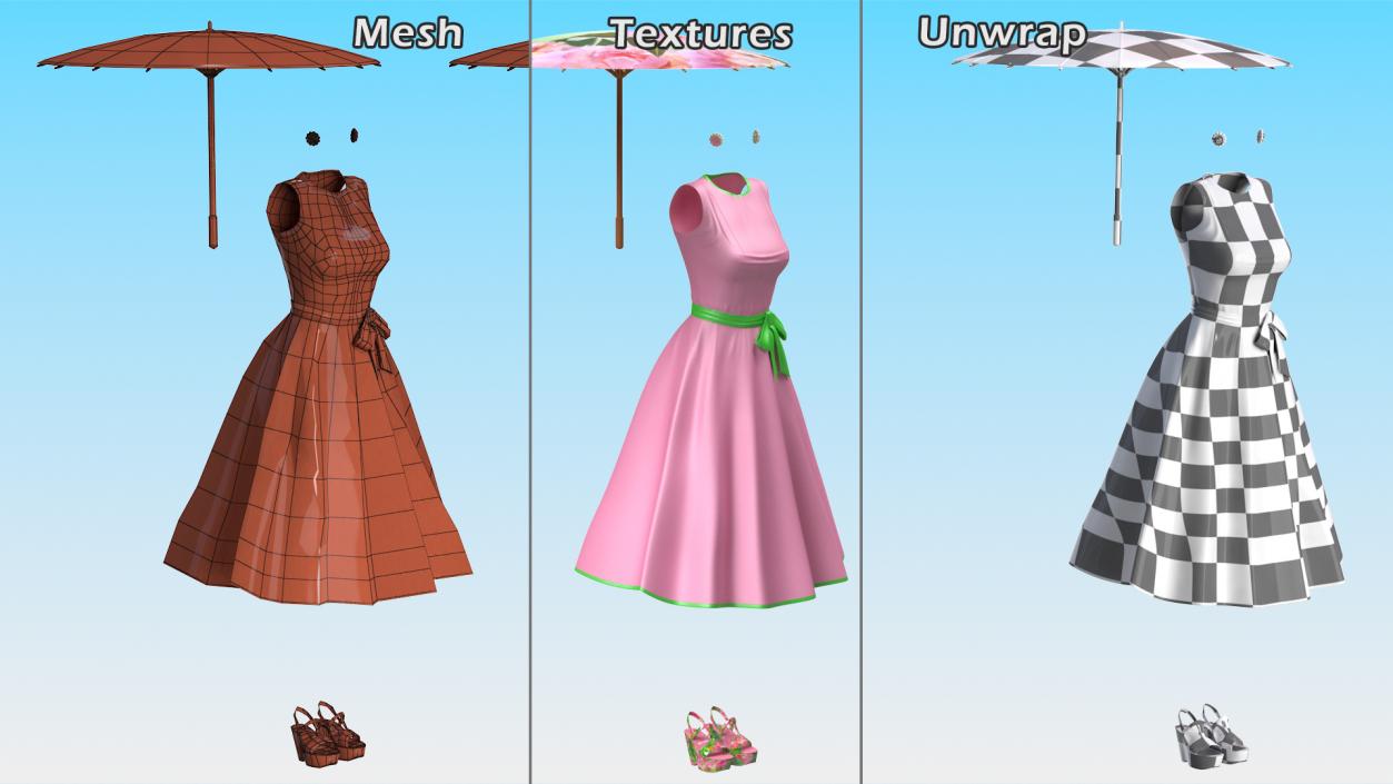 3D model Pink Dress with Paper Umbrella