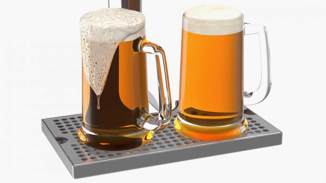 3D model Four Tap Stainless Steel Beer Tower with Beer Mugs