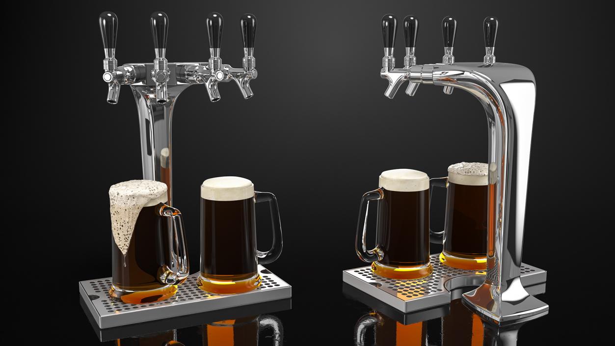 3D model Four Tap Stainless Steel Beer Tower with Beer Mugs