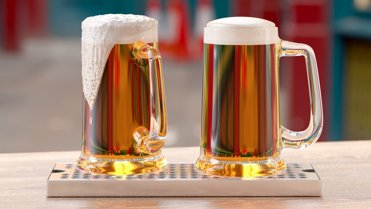 3D model Four Tap Stainless Steel Beer Tower with Beer Mugs