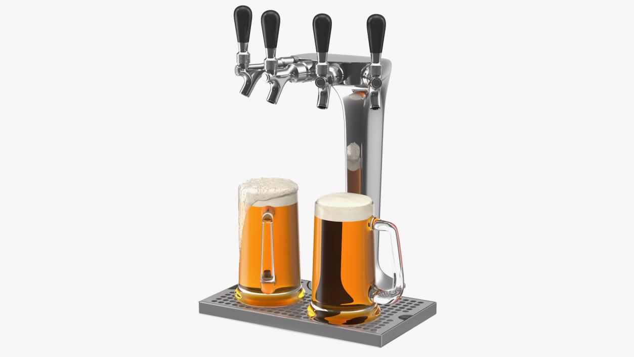 3D model Four Tap Stainless Steel Beer Tower with Beer Mugs