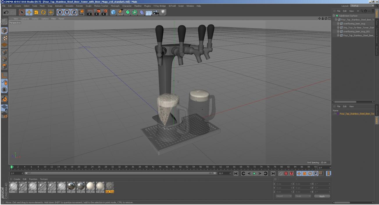 3D model Four Tap Stainless Steel Beer Tower with Beer Mugs