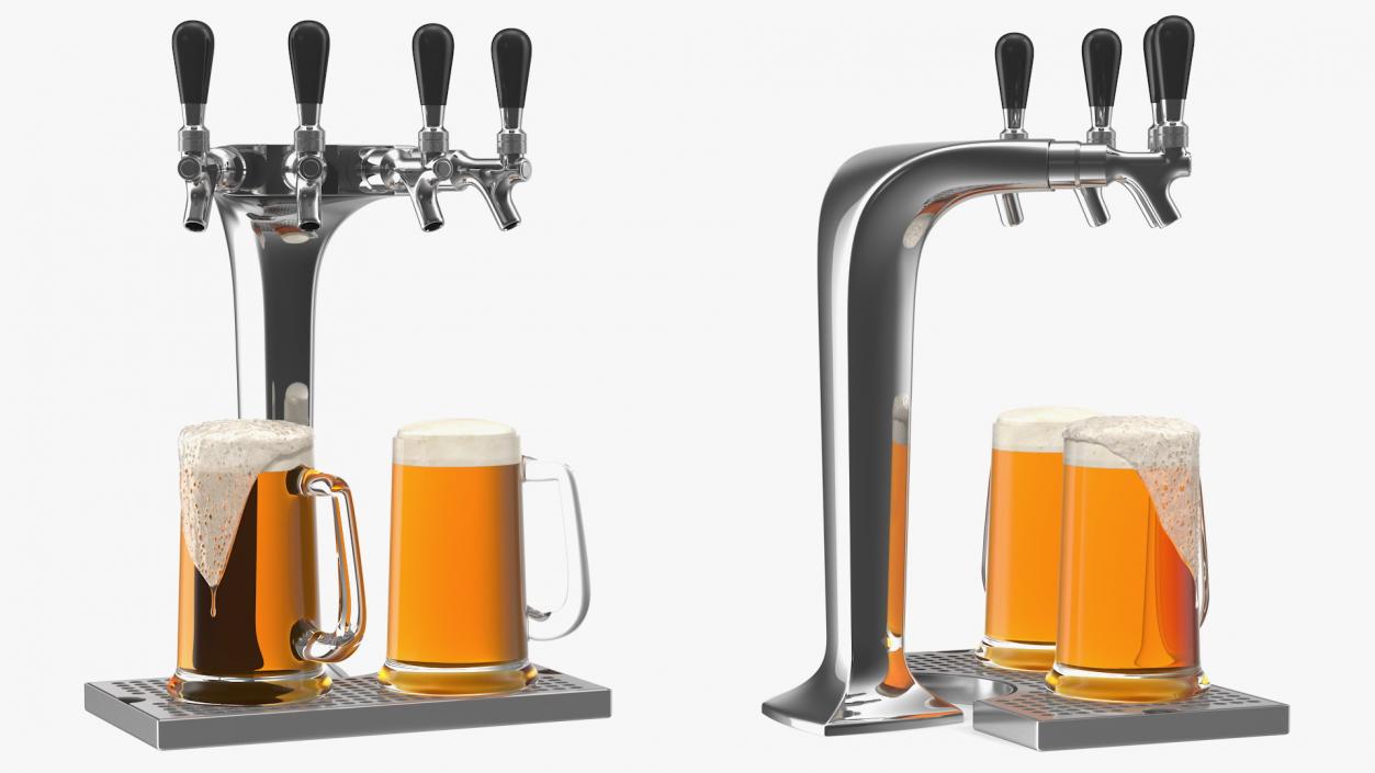 3D model Four Tap Stainless Steel Beer Tower with Beer Mugs