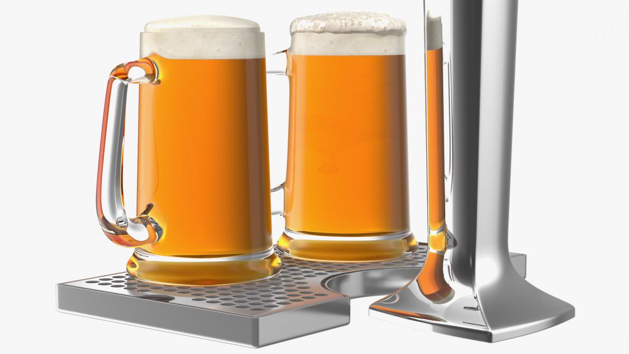 3D model Four Tap Stainless Steel Beer Tower with Beer Mugs