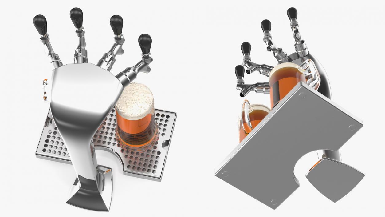 3D model Four Tap Stainless Steel Beer Tower with Beer Mugs