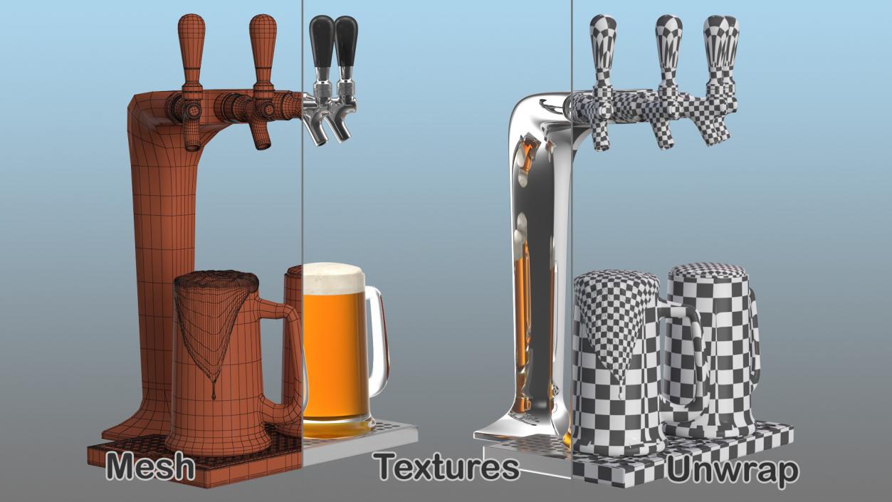 3D model Four Tap Stainless Steel Beer Tower with Beer Mugs