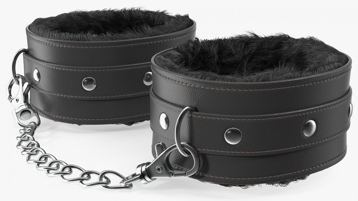 Leather Handcuffs Black with Fur 3D