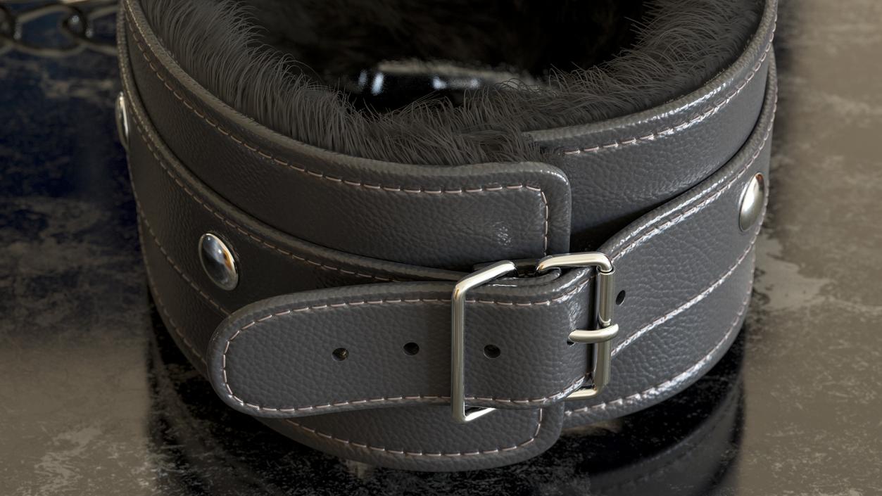 Leather Handcuffs Black with Fur 3D