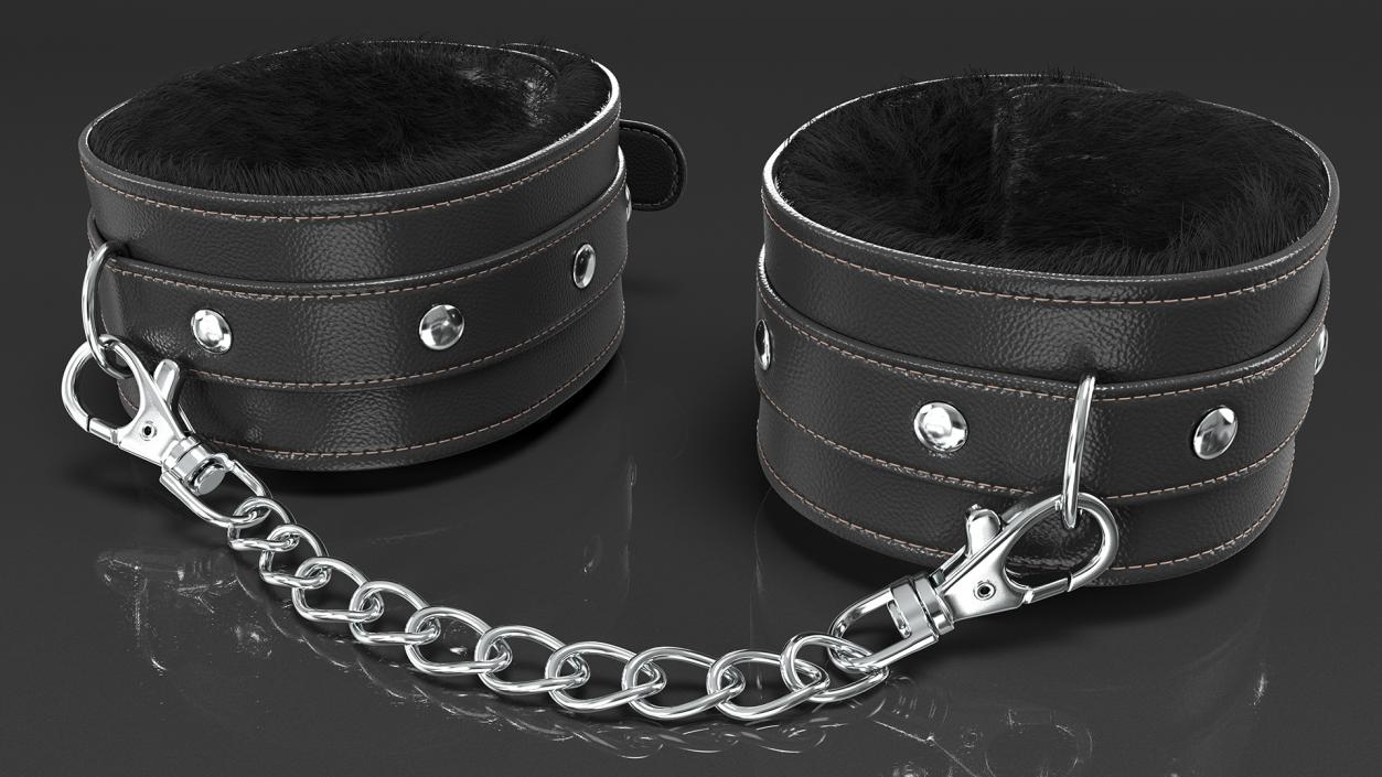 Leather Handcuffs Black with Fur 3D