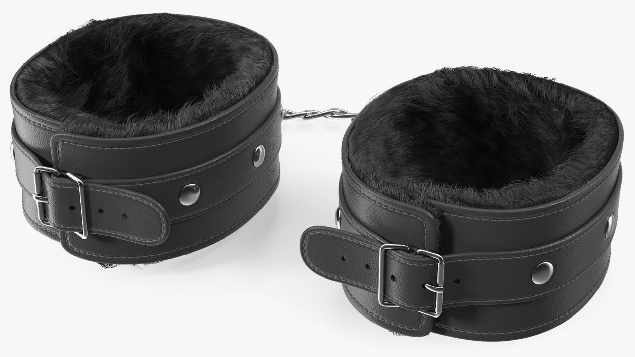 Leather Handcuffs Black with Fur 3D