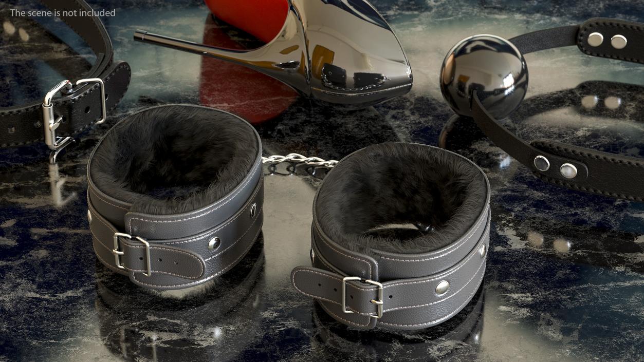 Leather Handcuffs Black with Fur 3D