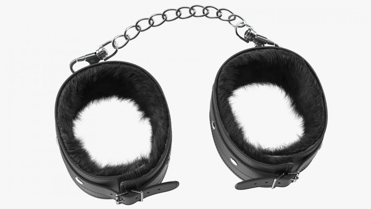 Leather Handcuffs Black with Fur 3D