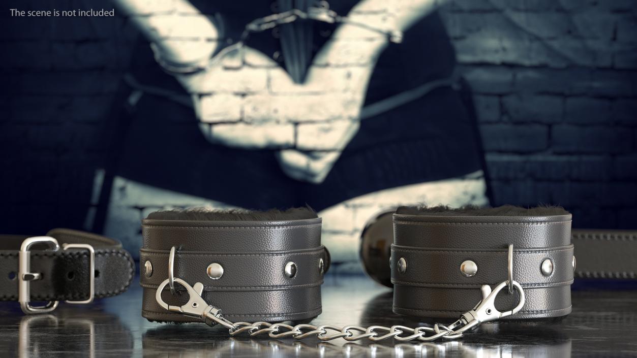 Leather Handcuffs Black with Fur 3D