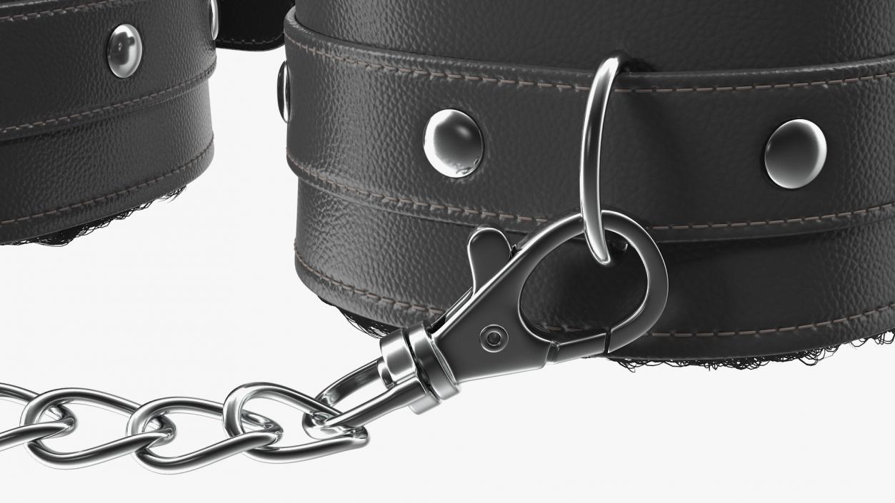 Leather Handcuffs Black with Fur 3D