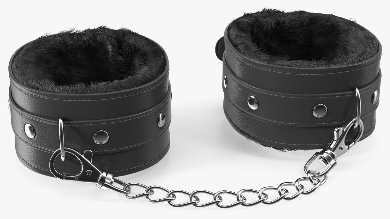 Leather Handcuffs Black with Fur 3D