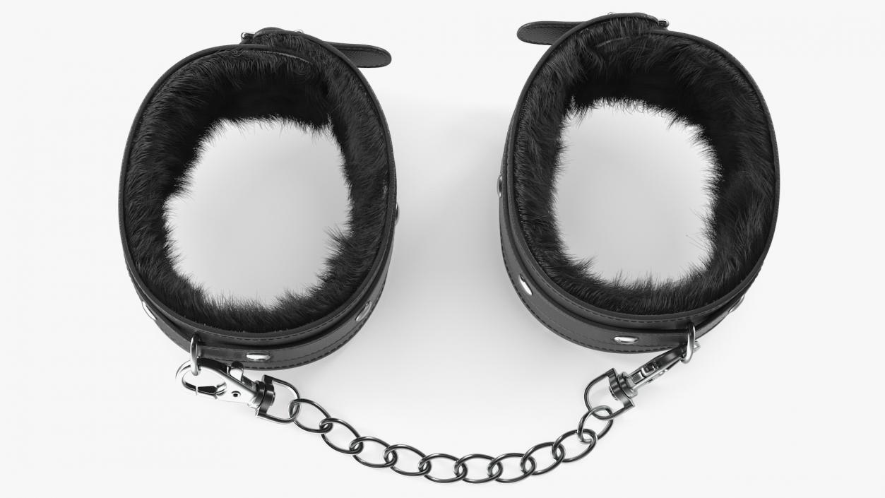 Leather Handcuffs Black with Fur 3D