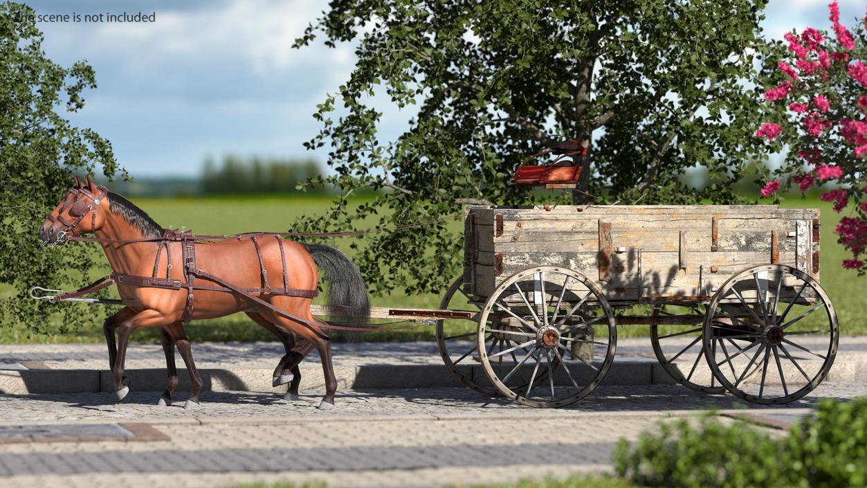 Pair Of Horses Pulling Wagon Fur 3D