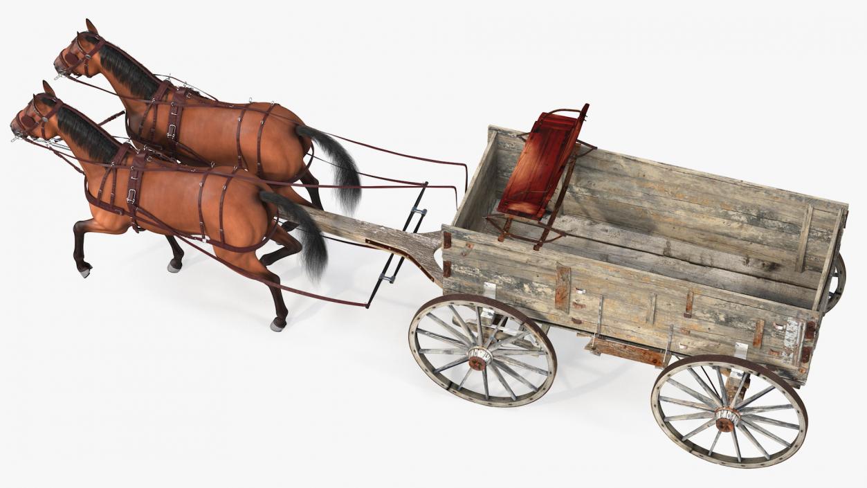 Pair Of Horses Pulling Wagon Fur 3D