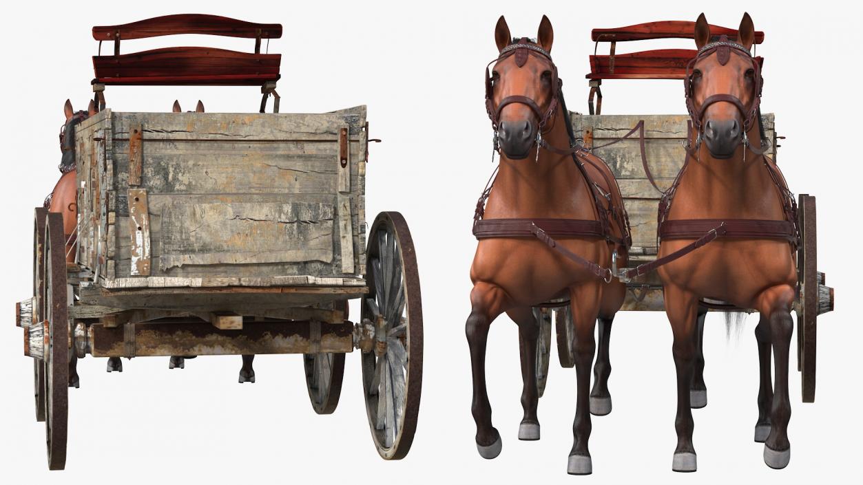 Pair Of Horses Pulling Wagon Fur 3D