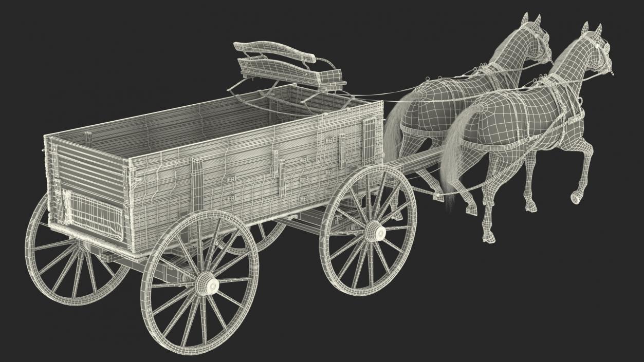 Pair Of Horses Pulling Wagon Fur 3D