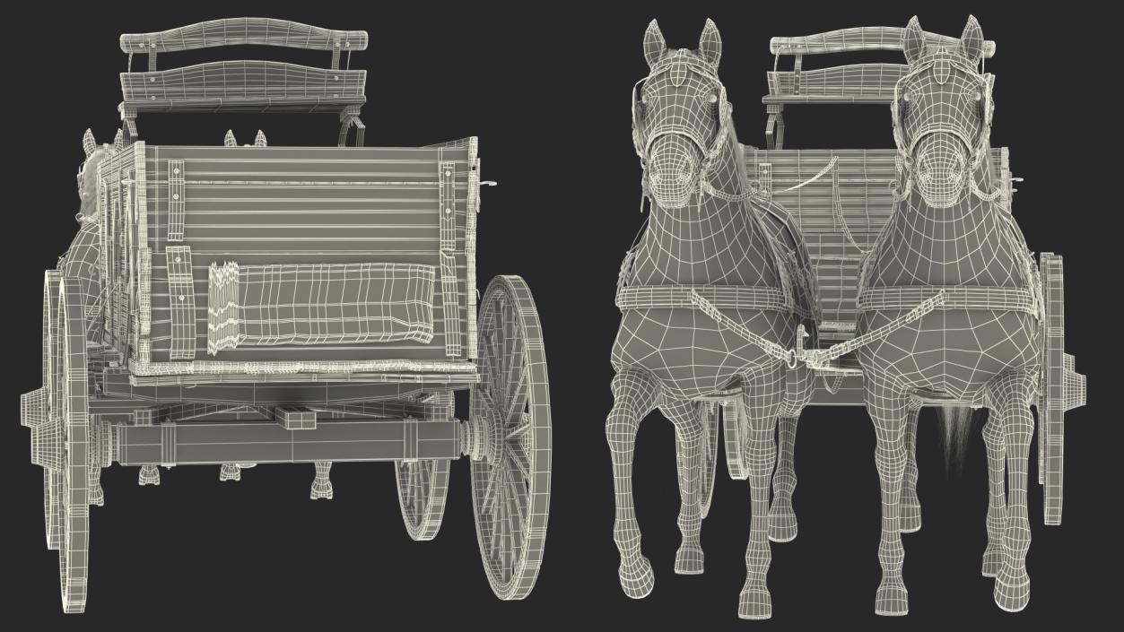 Pair Of Horses Pulling Wagon Fur 3D