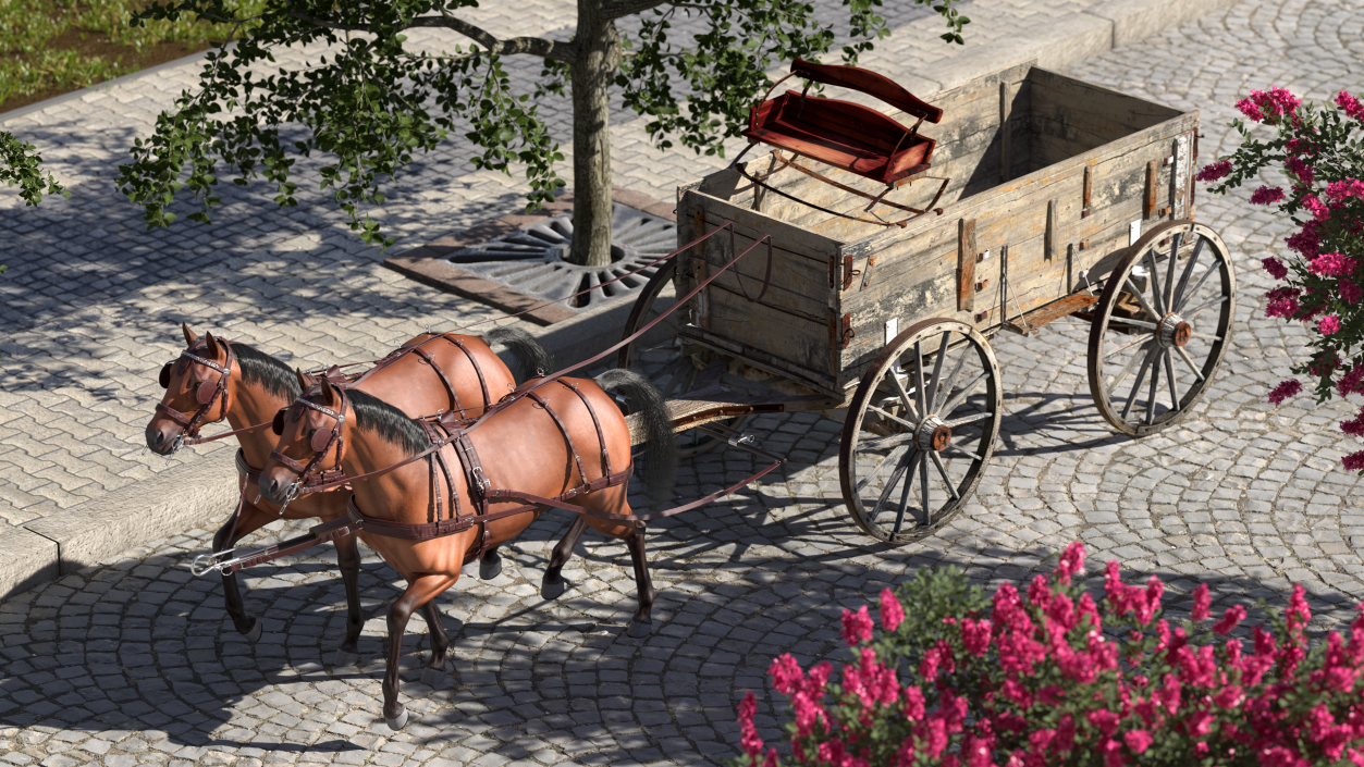 Pair Of Horses Pulling Wagon Fur 3D