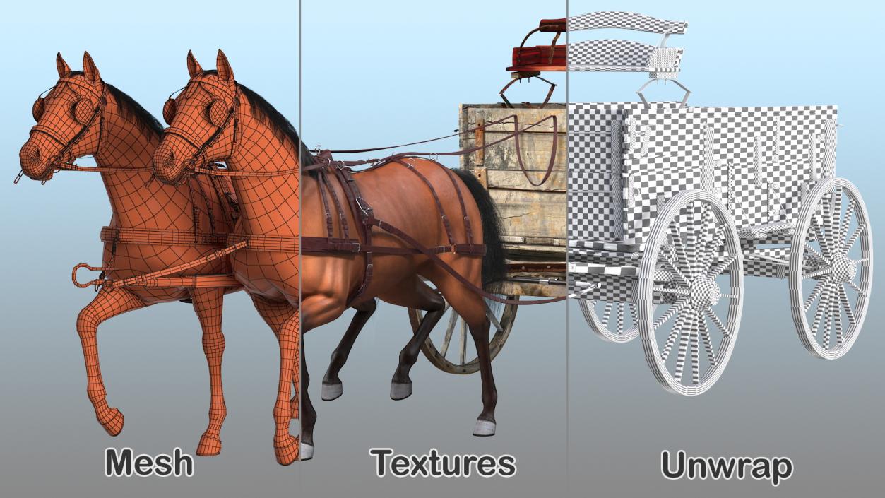 Pair Of Horses Pulling Wagon Fur 3D