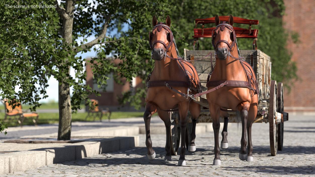 Pair Of Horses Pulling Wagon Fur 3D