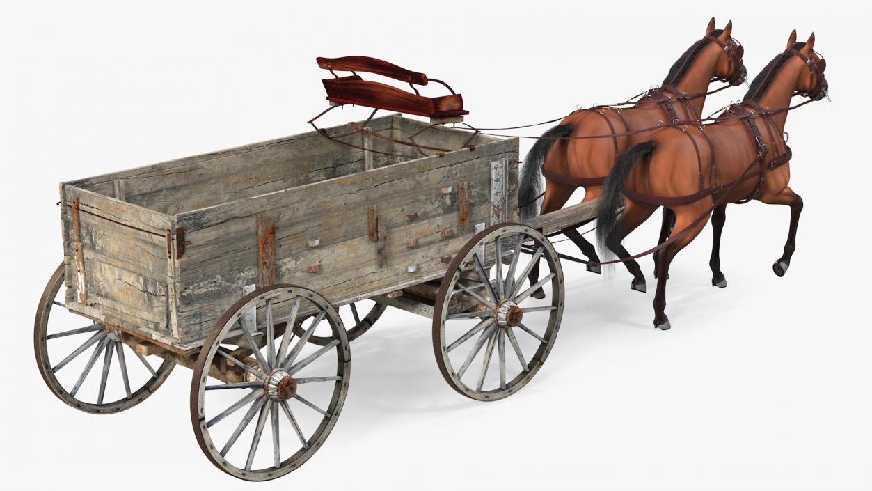 Pair Of Horses Pulling Wagon Fur 3D