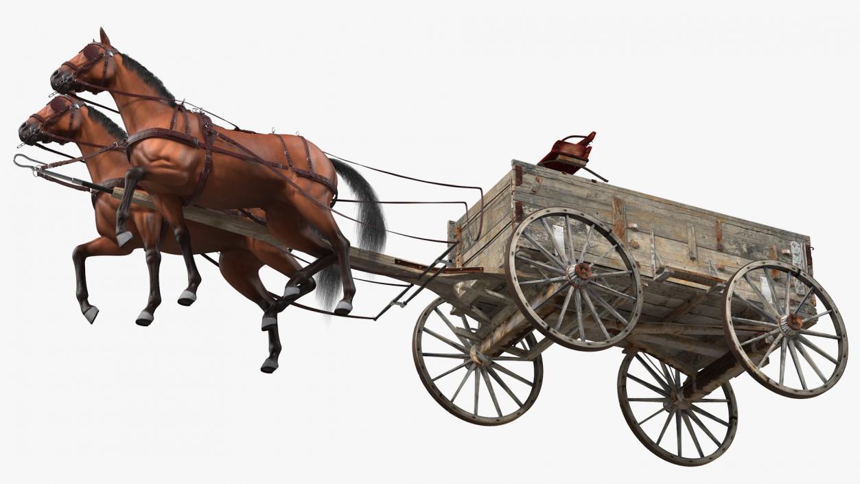 Pair Of Horses Pulling Wagon Fur 3D