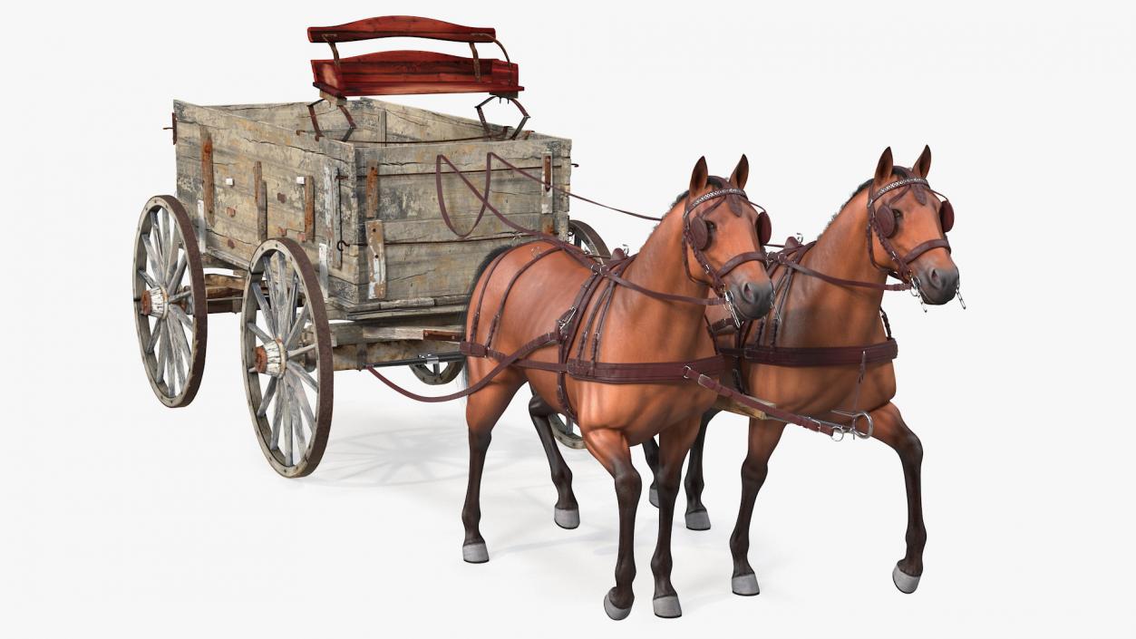 Pair Of Horses Pulling Wagon Fur 3D