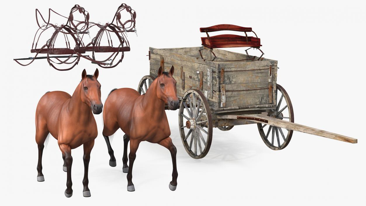 Pair Of Horses Pulling Wagon Fur 3D