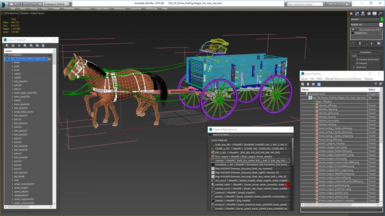 Pair Of Horses Pulling Wagon Fur 3D