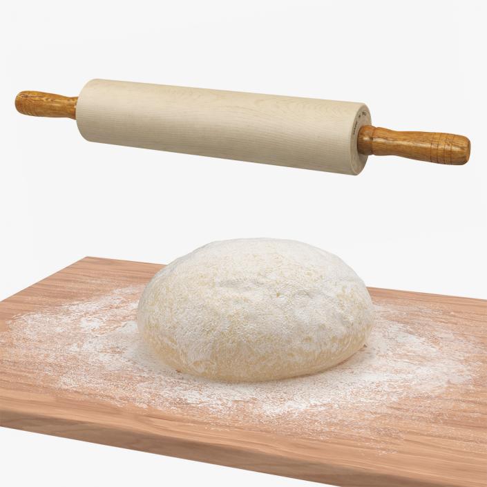 3D Dough on Wooden Board and Rolling Pin 3D Models Collection model