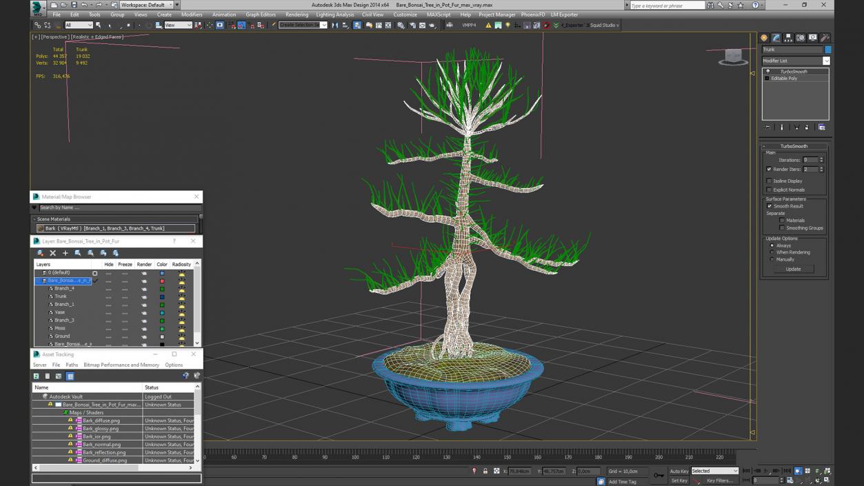 Bare Bonsai Tree in Pot Fur 3D