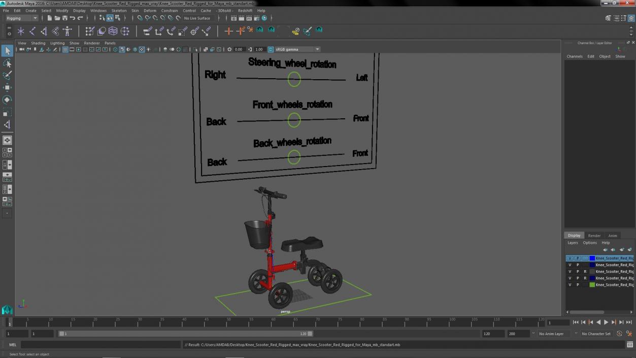 Knee Scooter Red Rigged for Maya 3D