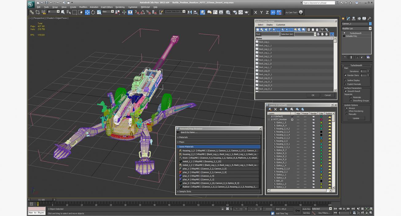 Battle Position Howitzer M777 155mm Desert 3D