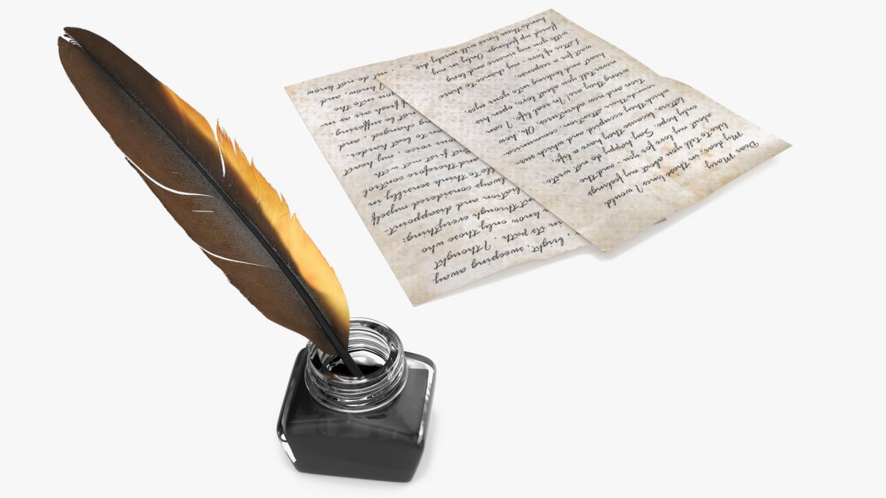 Old Letter with Quill Dark Feather Ink Set 3D