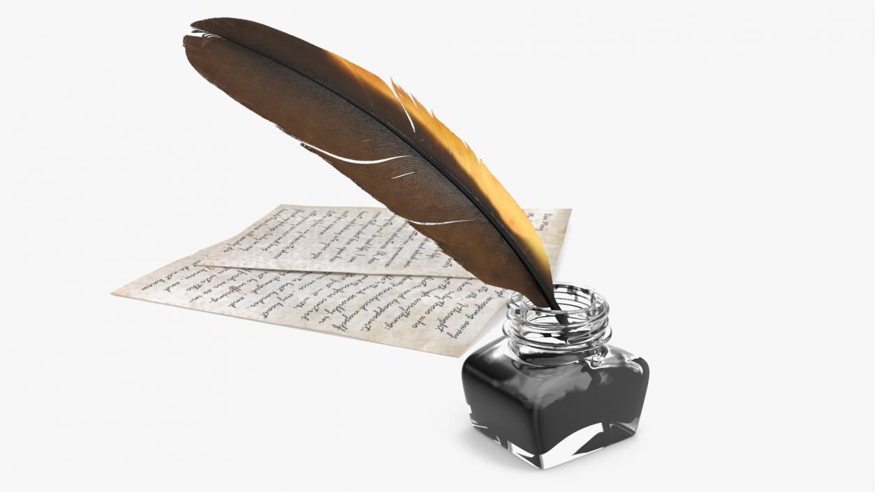 Old Letter with Quill Dark Feather Ink Set 3D