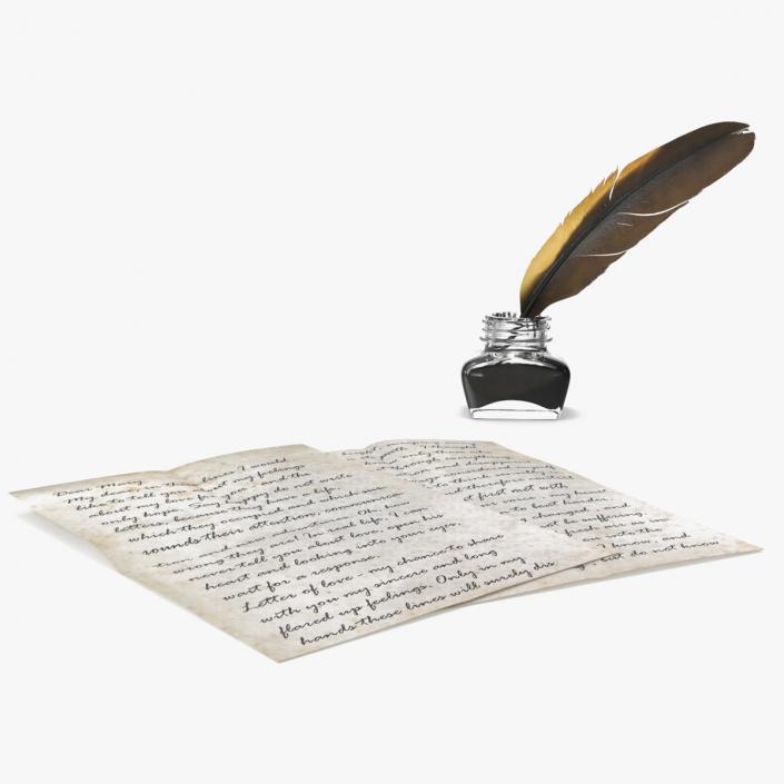 Old Letter with Quill Dark Feather Ink Set 3D