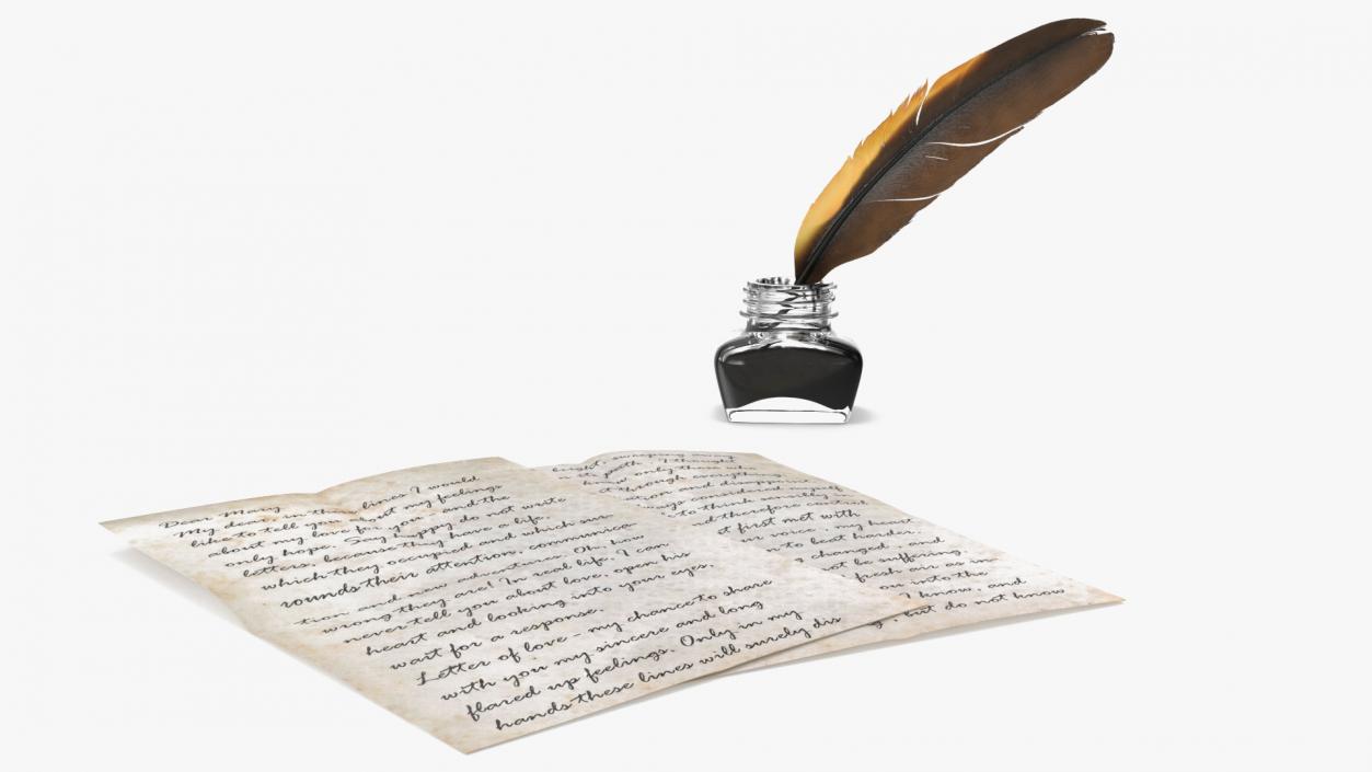 Old Letter with Quill Dark Feather Ink Set 3D