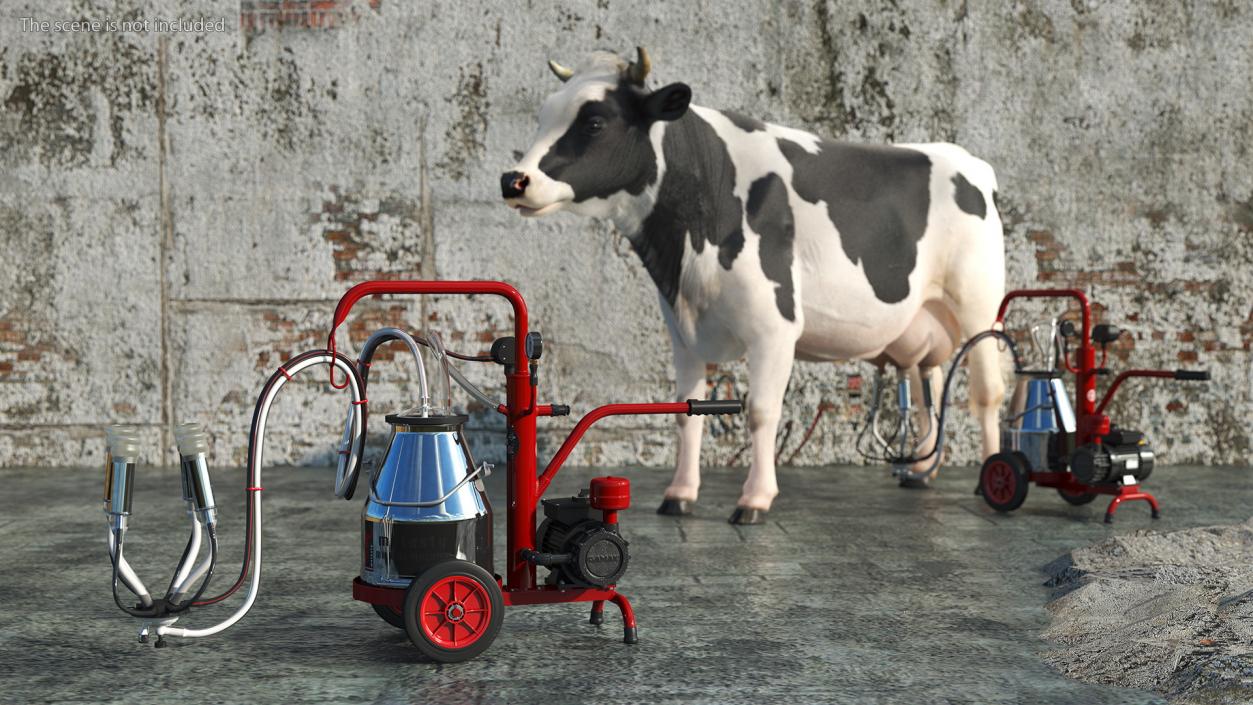 3D Milking Machine with Cow and Milk Bucket Collection